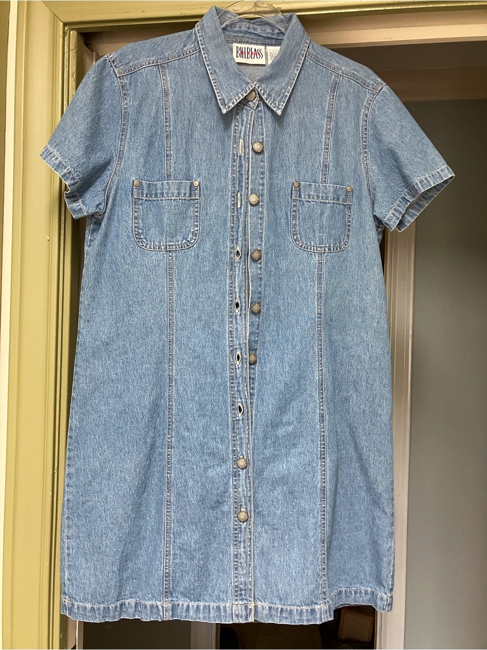 bill blass Light Blue Denim Short-Sleeve Midi Shirt Dress